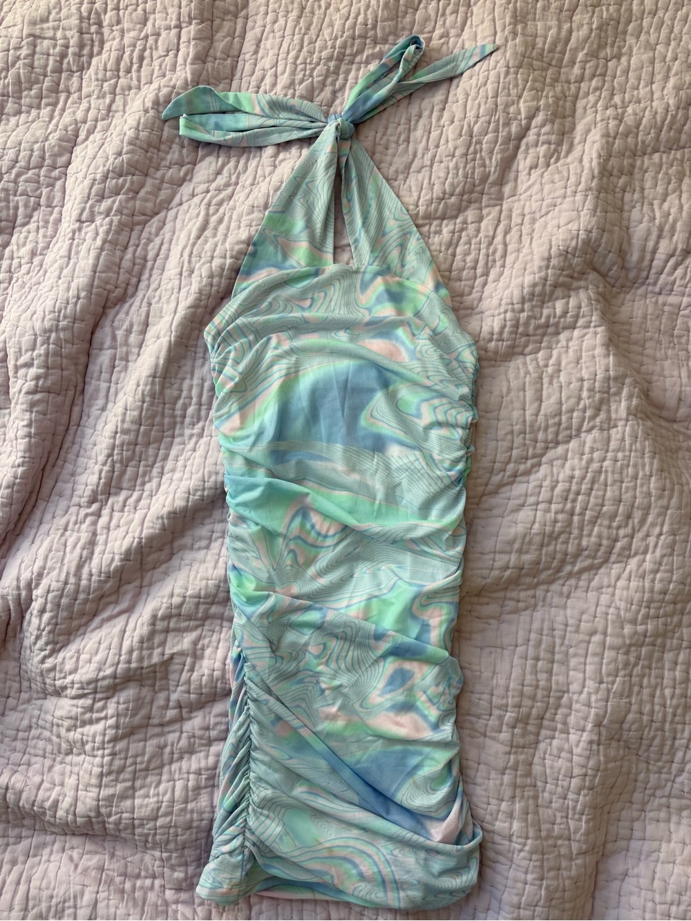 Elodie Pastel Swirl Ruched Mesh Halter Mini Dress XS